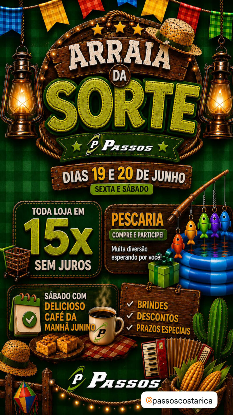Ilustração da notícia Arraiá da Sorte da Passos Confecções em Costa Rica terá 15x sem juros, pescaria premiada e café da manhã junino